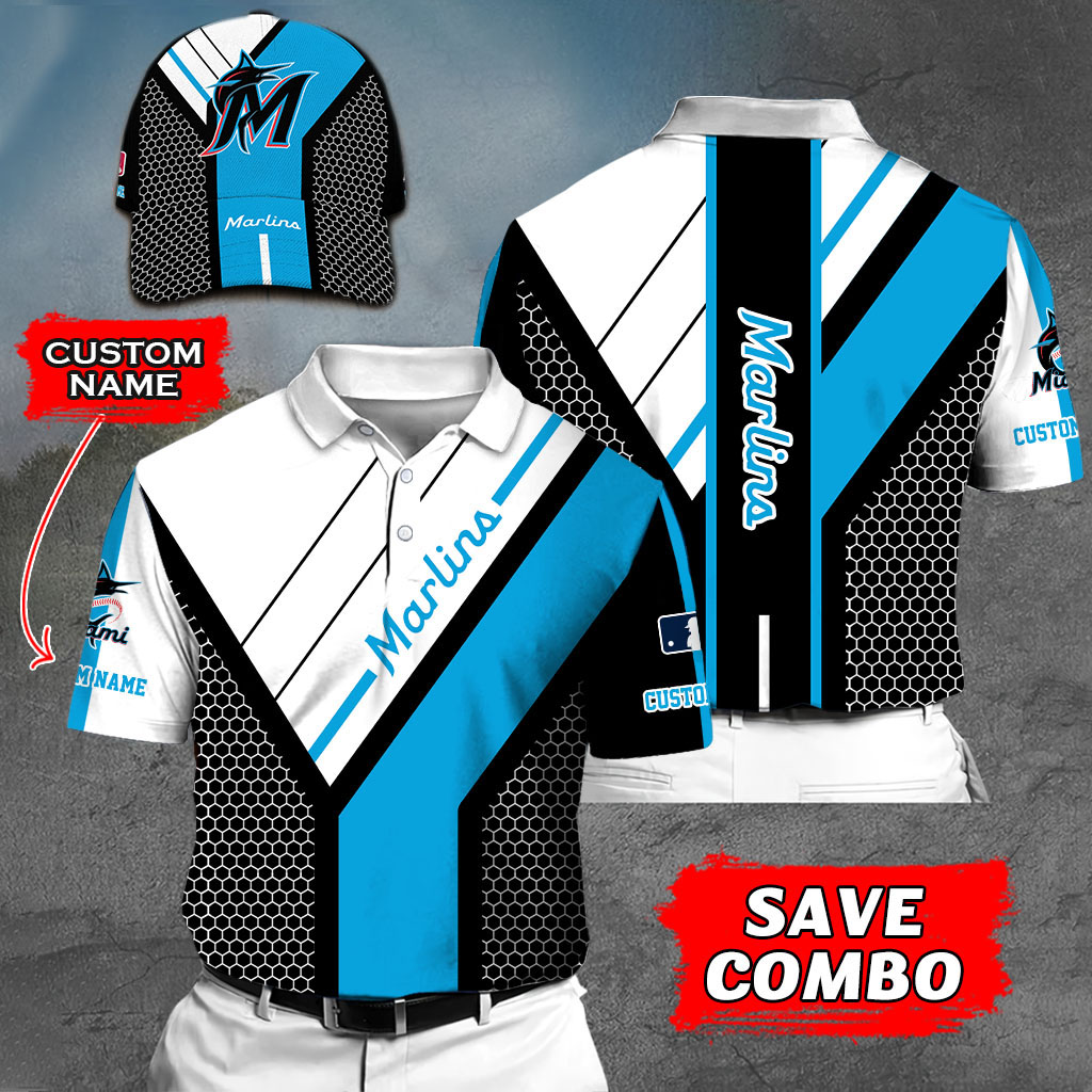 MLB Miami Marlins Custom Name Polo Shirt and Cap Combo M7 02 - Pod90Luxury